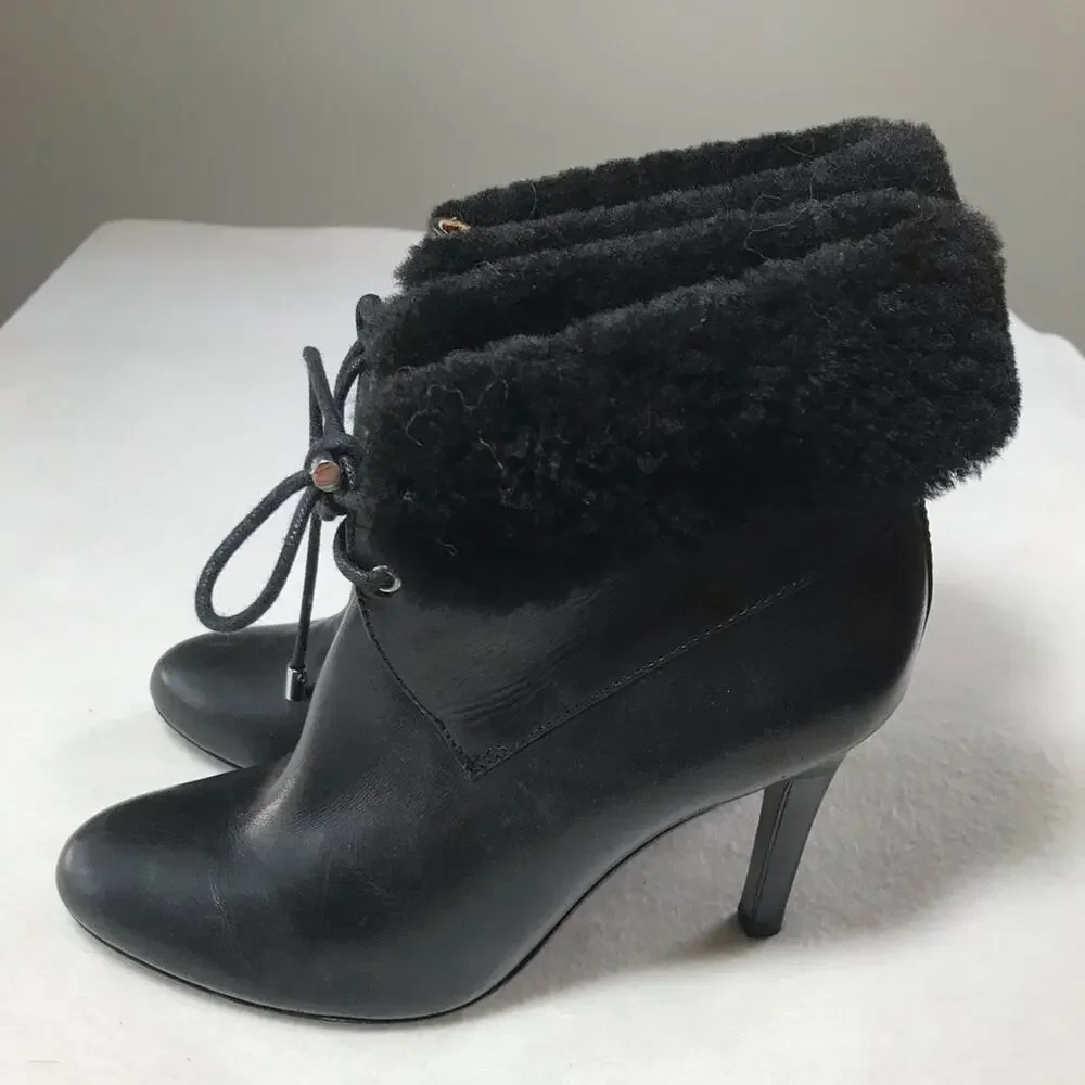 Coach black leather malia 7.5 cuff shearling tie up heels stiletto sexy lace up